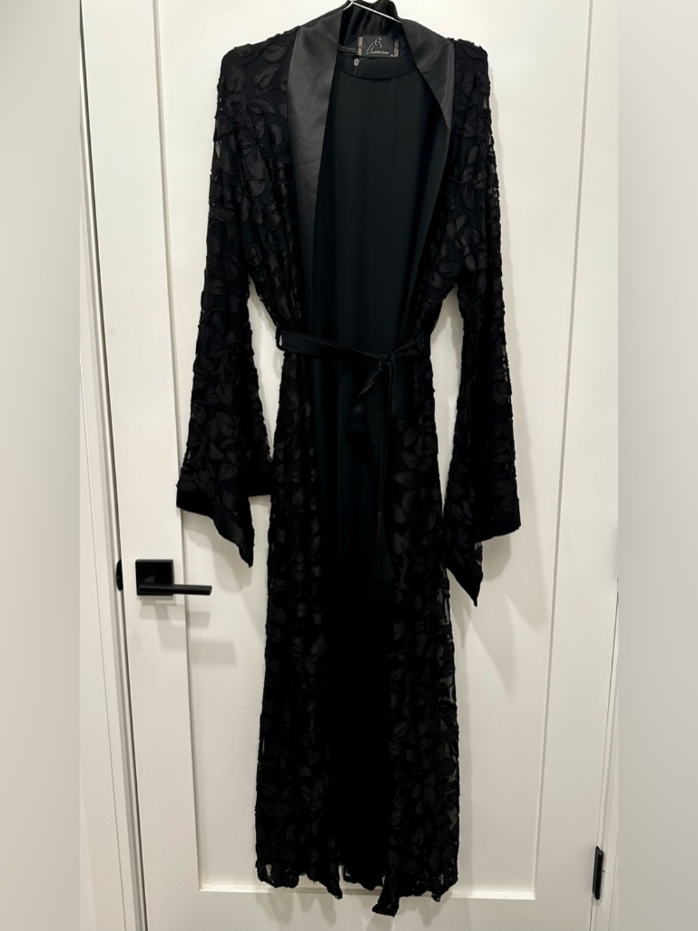 Black Floral Lace Long Abaya with Satin Trim and Waist Tie